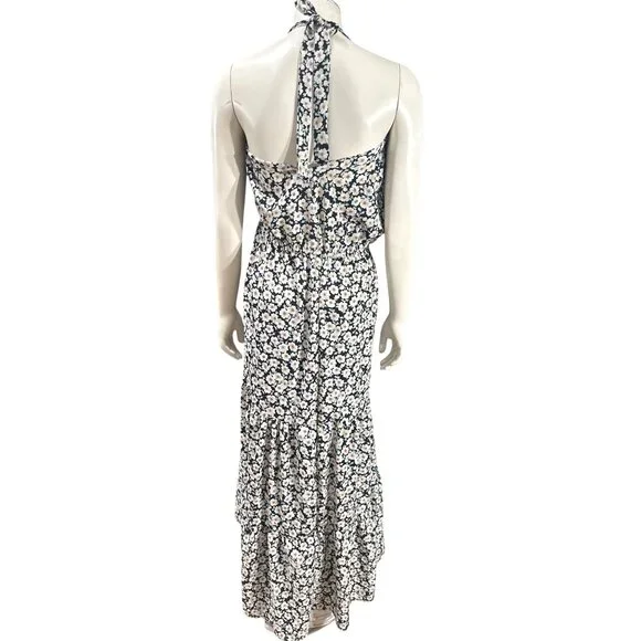 Pretty Garden M Navy White Floral Halter Backless Tiered Ruffle Maxi Boho Dress - Picture 4 of 11